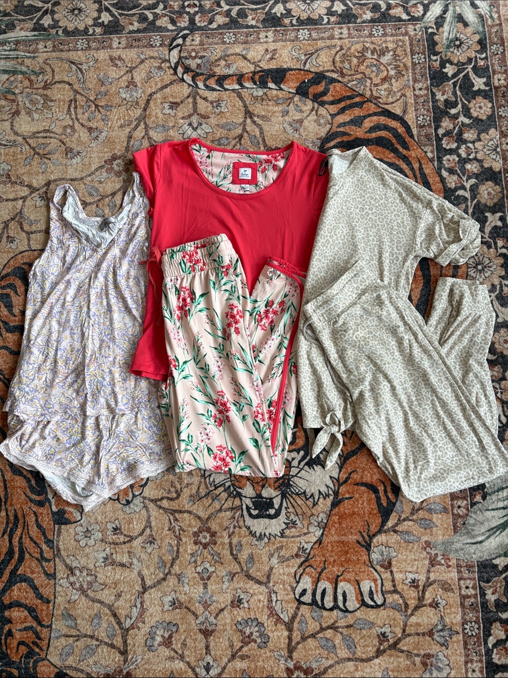 Mixed Women's Pajama & Loungewear Set - Red Top + Floral Pants + Neutral Prints